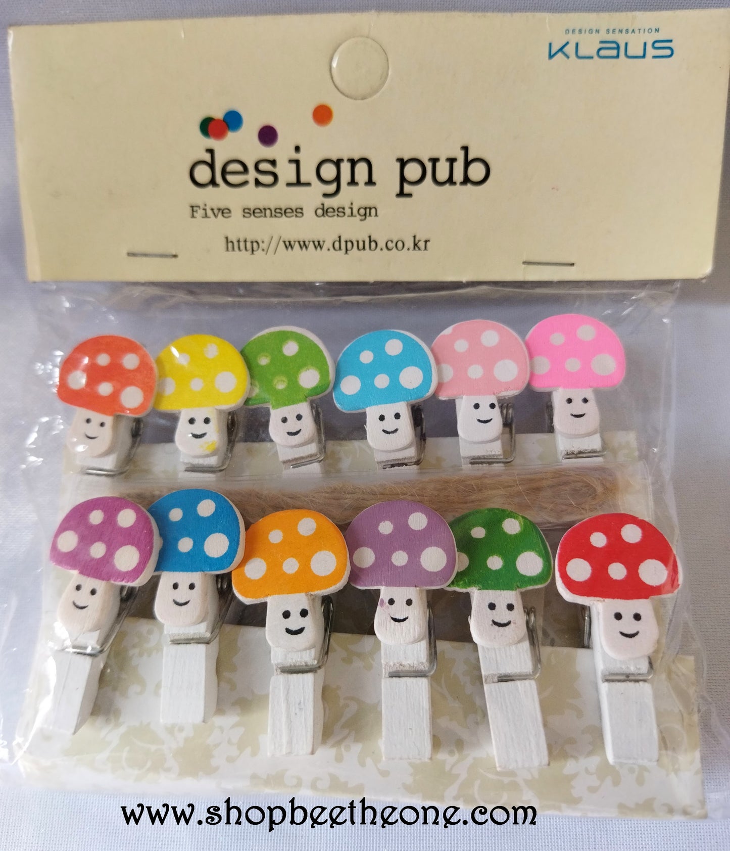 Lot de 12 Pince clip en bois pour photo ou memo, avec corde - Champignons Kawaii