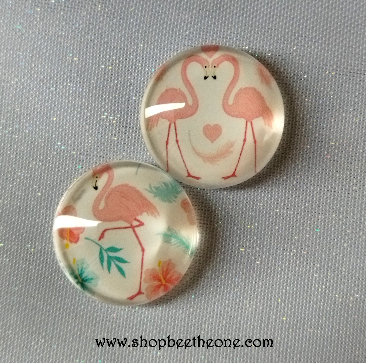 Cabochon rond en verre loupe avec image "Flamants roses" - 20 mm - 2 modèles