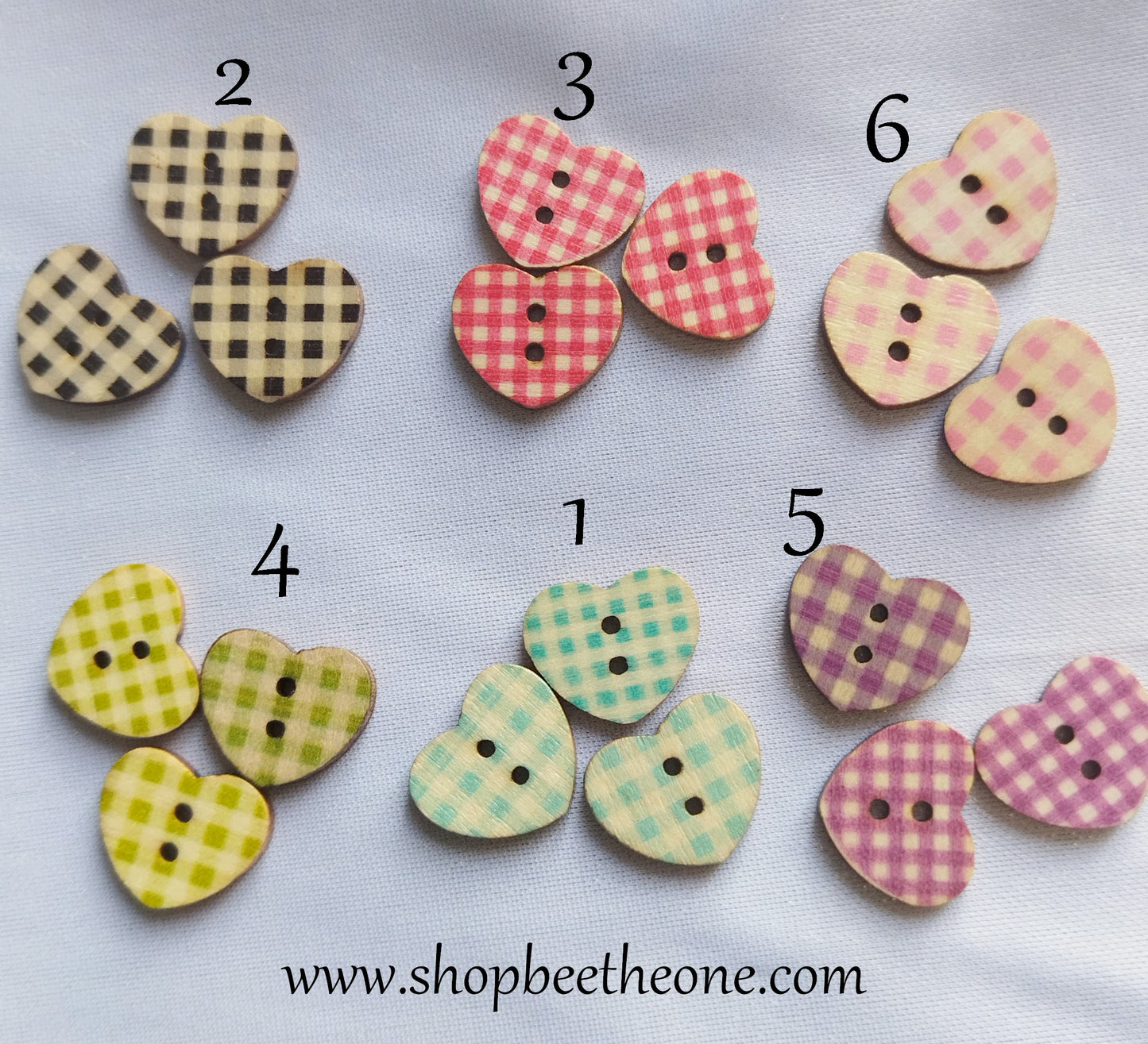 Bouton Petit Coeur carreaux vichy en bois façon vintage - 17 mm - 6 coloris disponibles