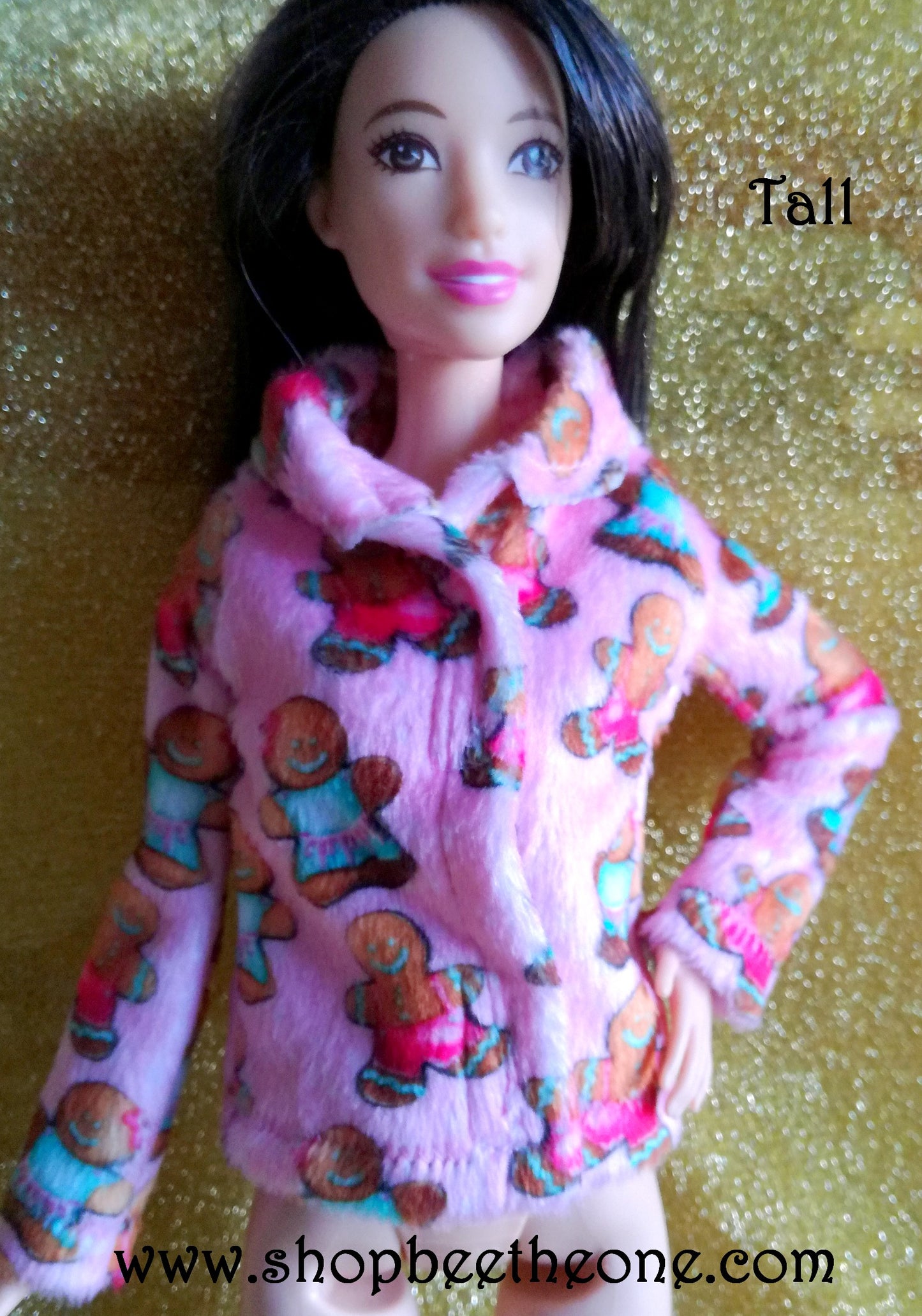 Pyjama de Noël (Veste) "Bonhommes pain d'épice" tout doux, pour poupées Barbie - 4 tailles - tissu exclusif - Collection Noël