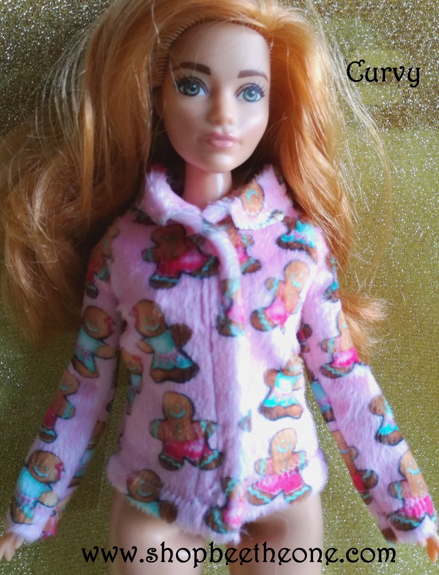 Pyjama de Noël (Veste) "Bonhommes pain d'épice" tout doux, pour poupées Barbie - 4 tailles - tissu exclusif - Collection Noël