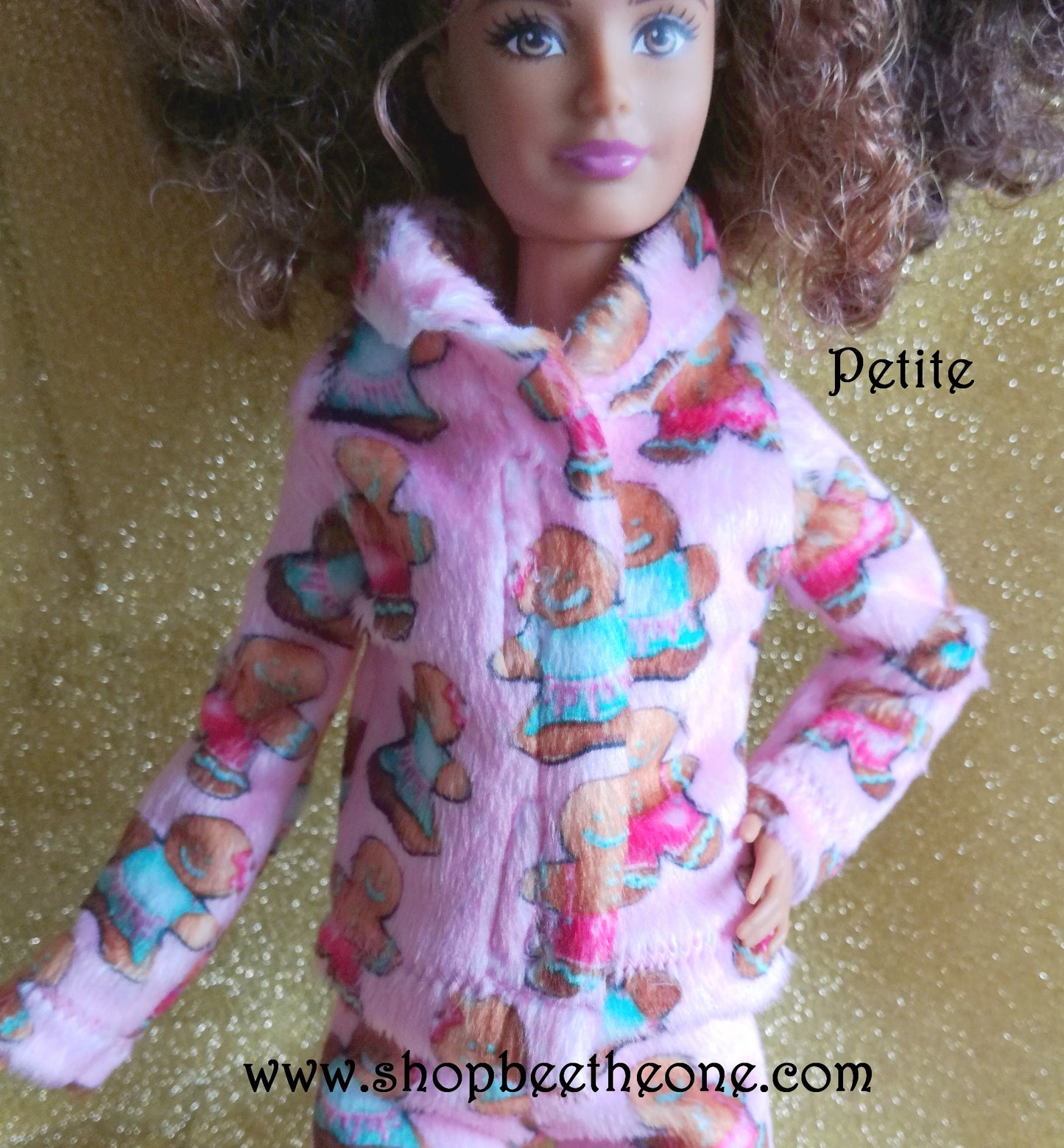 Pyjama de Noël (Veste) "Bonhommes pain d'épice" tout doux, pour poupées Barbie - 4 tailles - tissu exclusif - Collection Noël