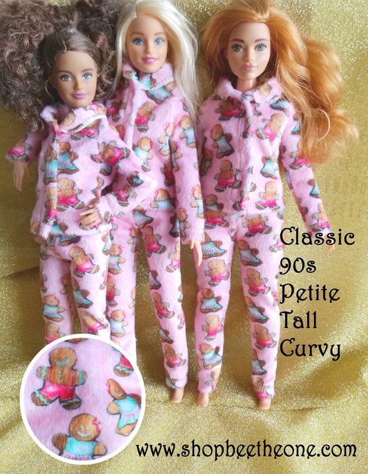 Pyjama de Noël "Bonhommes pain d'épice" tout doux, pantalon ou veste pour poupées Barbie - 4 tailles - tissu exclusif - Collection Noël