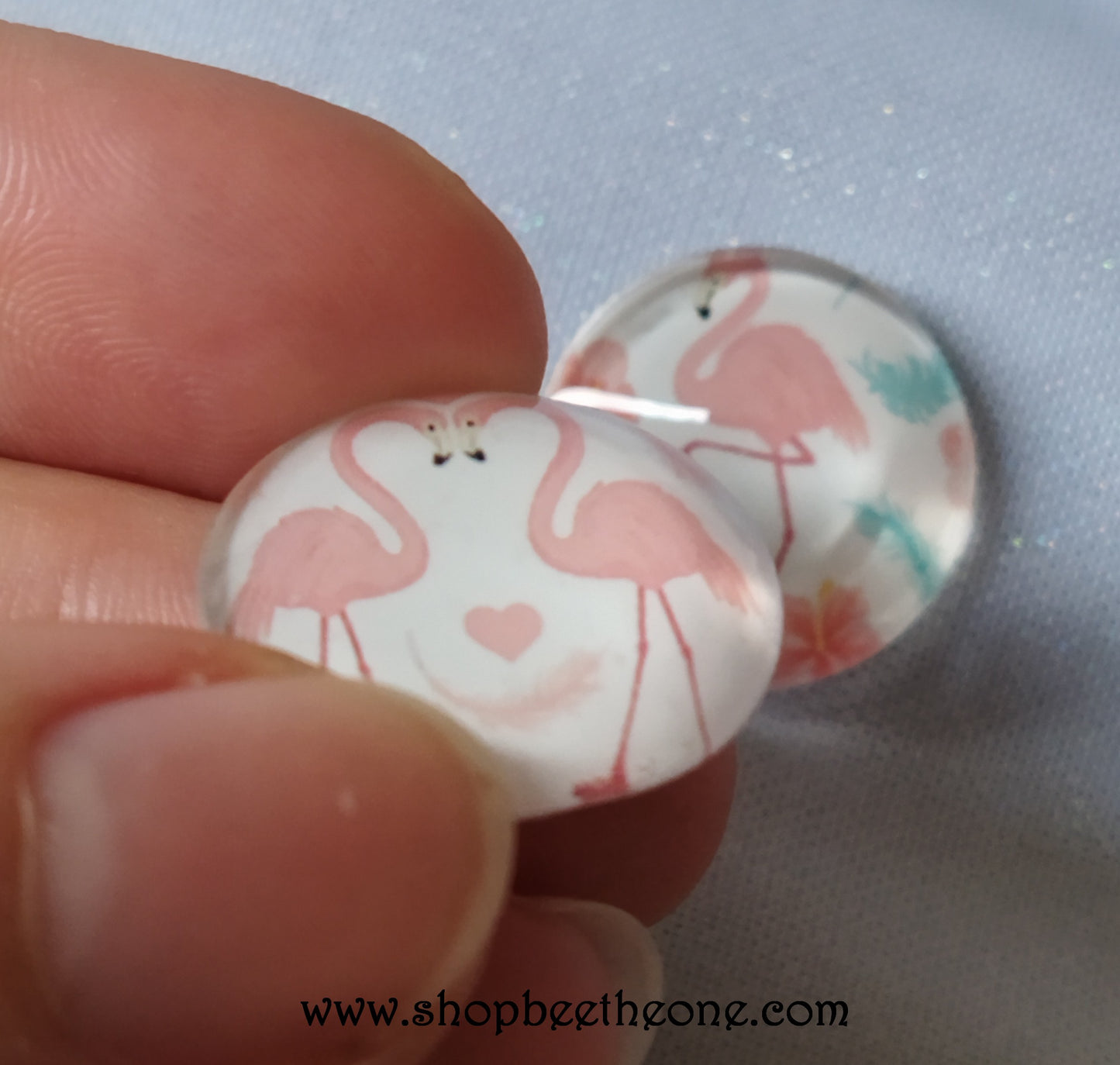 Cabochon rond en verre loupe avec image "Flamants roses" - 20 mm - 2 modèles