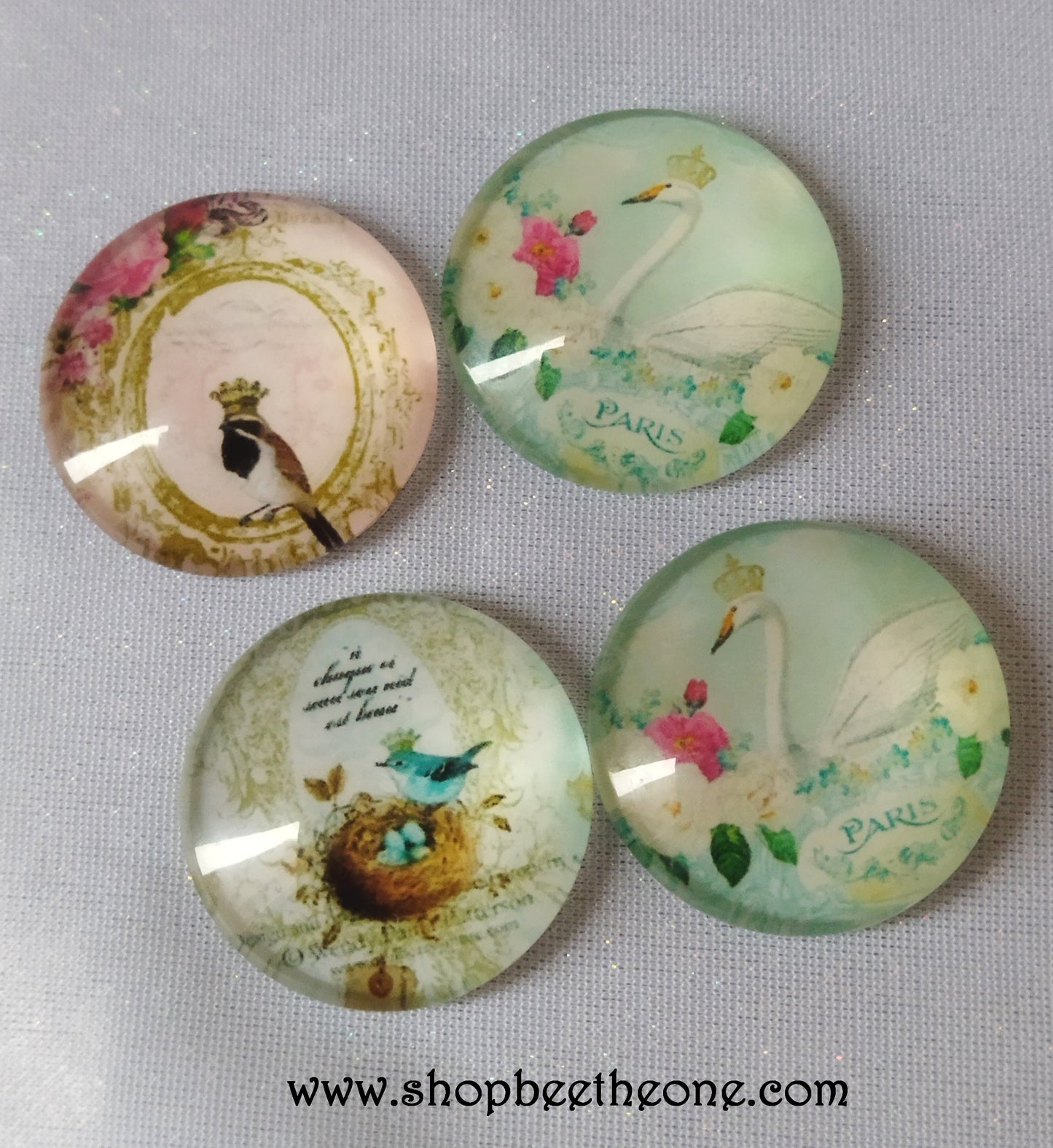 Cabochon rond en verre loupe avec image "Oiseaux couronnés" - 25 mm - 3 modèles