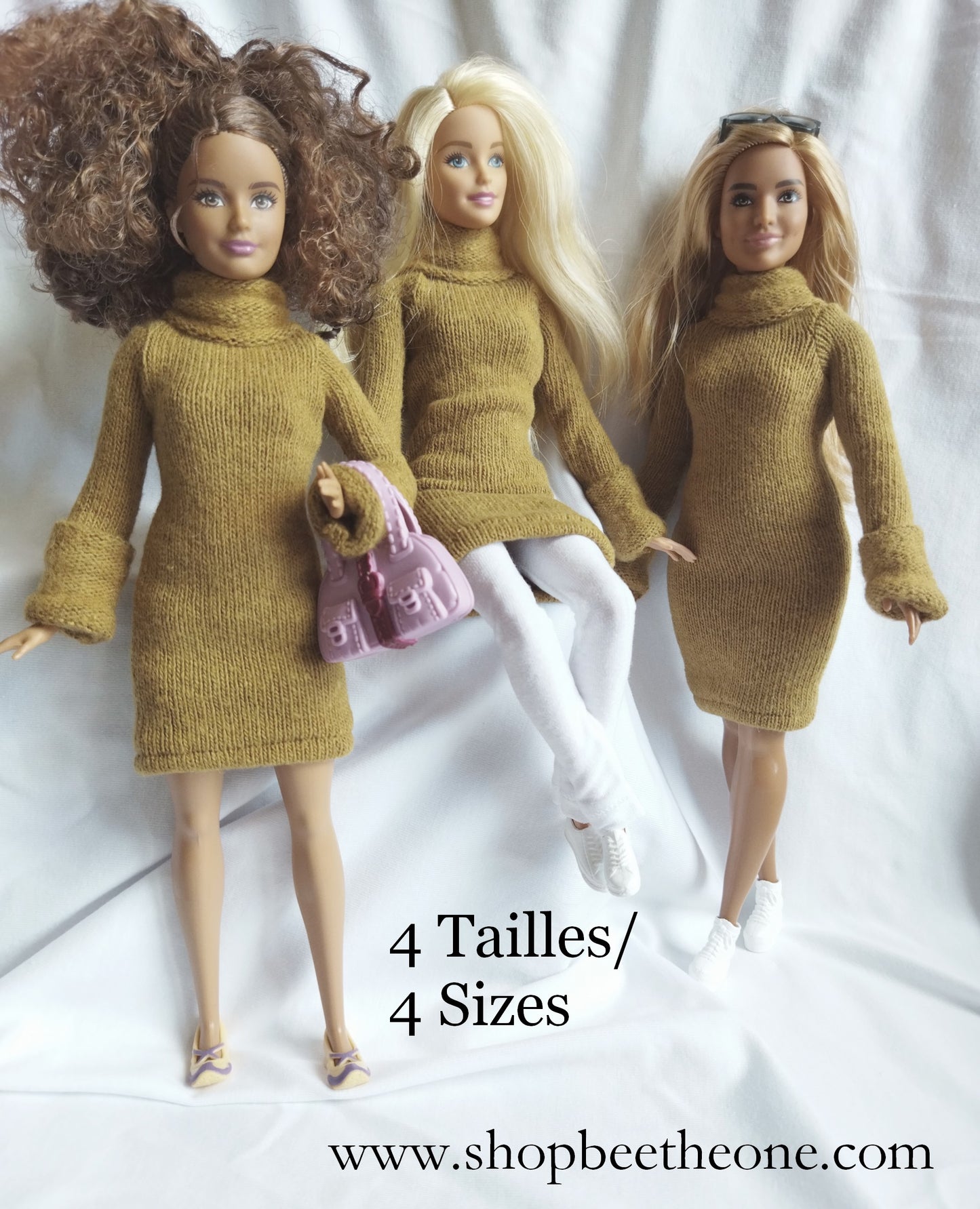 Robe d'hiver en maille pour poupées Barbie - marron argile - 4 tailles - par Bee the One