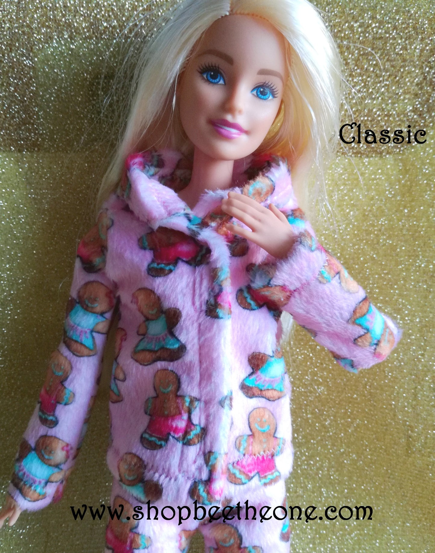 Pyjama de Noël (Veste) "Bonhommes pain d'épice" tout doux, pour poupées Barbie - 4 tailles - tissu exclusif - Collection Noël