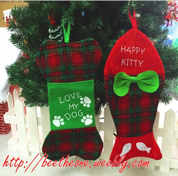 Décoration pour maison grande Chaussette Bas de Noël pour animaux en tissu - Chat ou Chien
