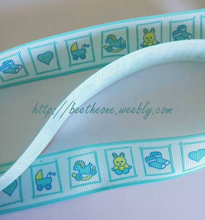 Ruban Gros grain Frise thème Bébé - 25 mm x 1 m - Bleu ou Rose