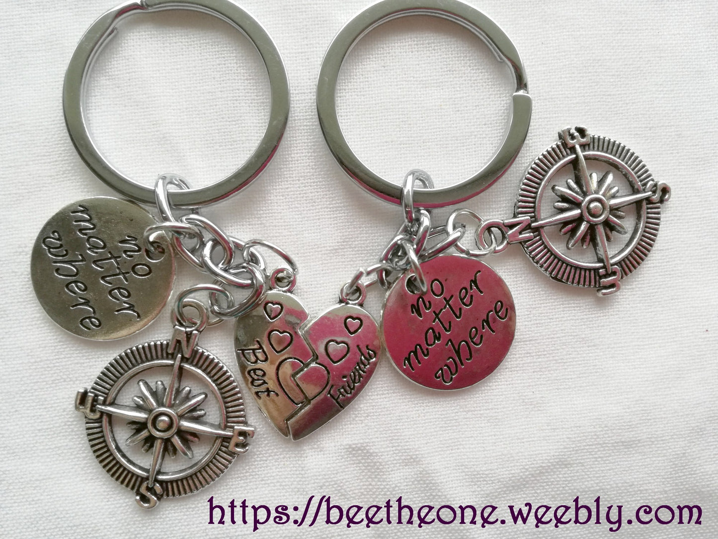 Duo de Porte-clés métal breloques Boussole et Coeur "Best friends" - Argenté