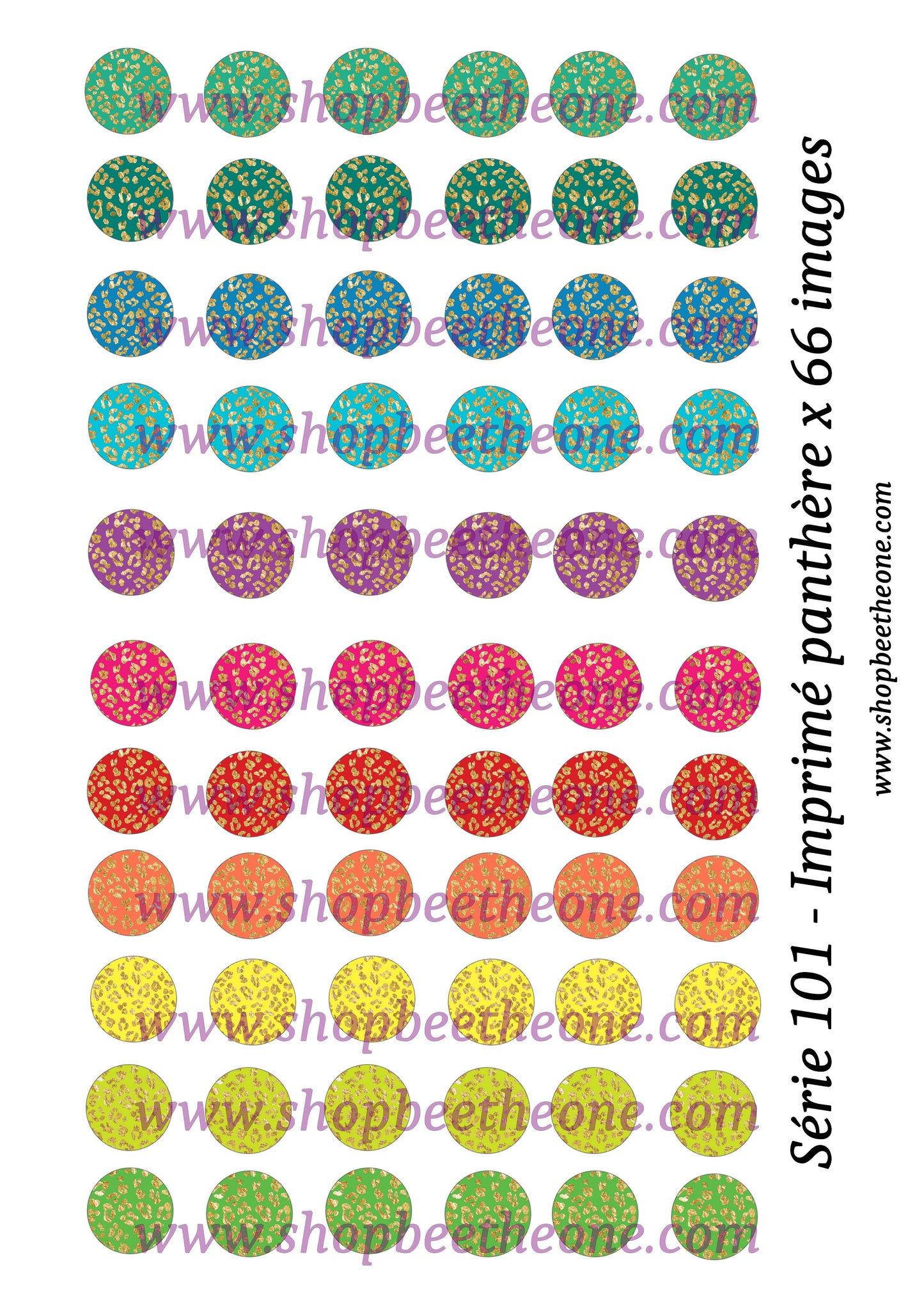 Images digitales pour Cabochons - Imprimé panthère sur fond coloré - 66 images x 20 mm - A télécharger et imprimer