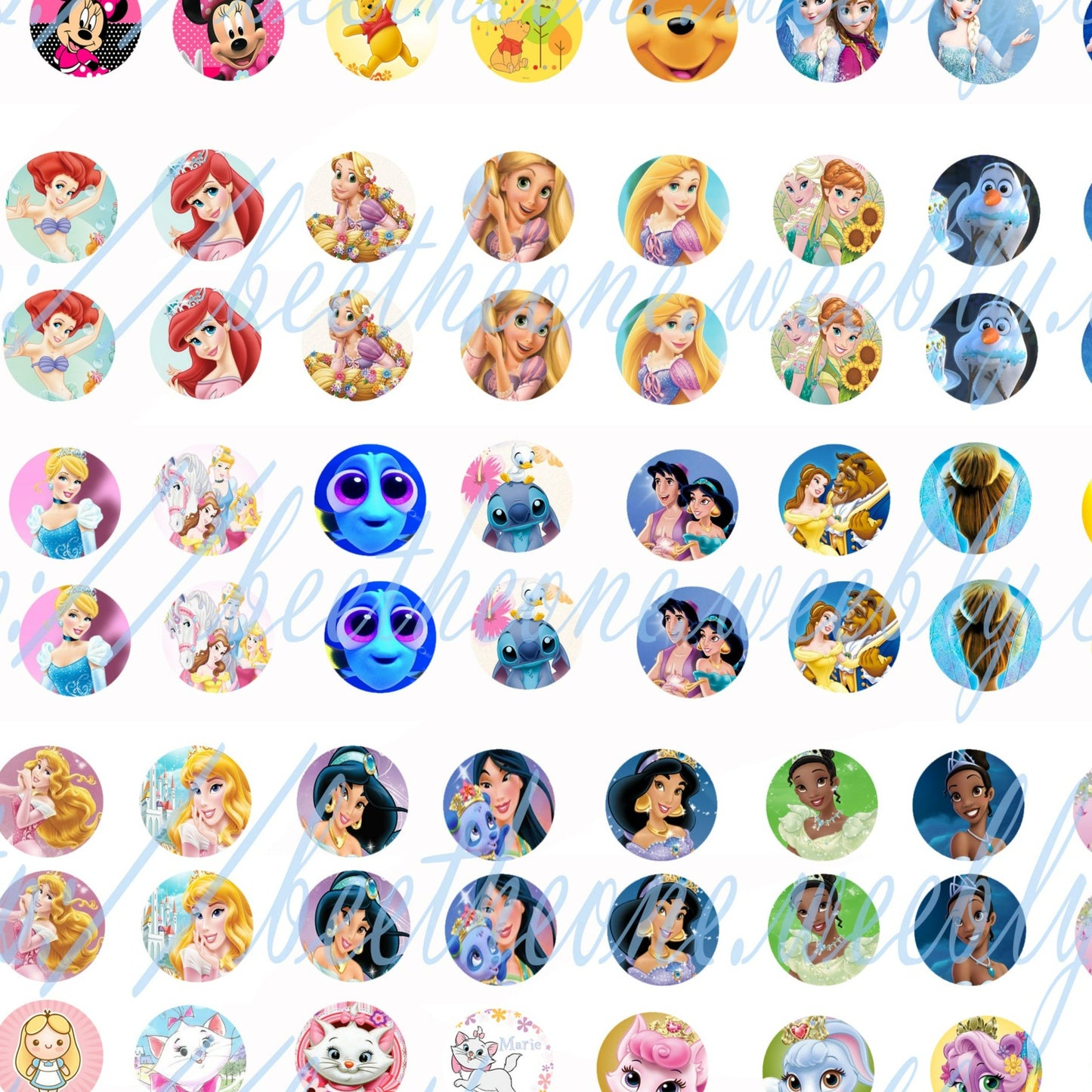Images digitales pour Cabochons Mix Princesses, Minnie, Dory, Marie... - 108 images x 16 mm - A télécharger et imprimer