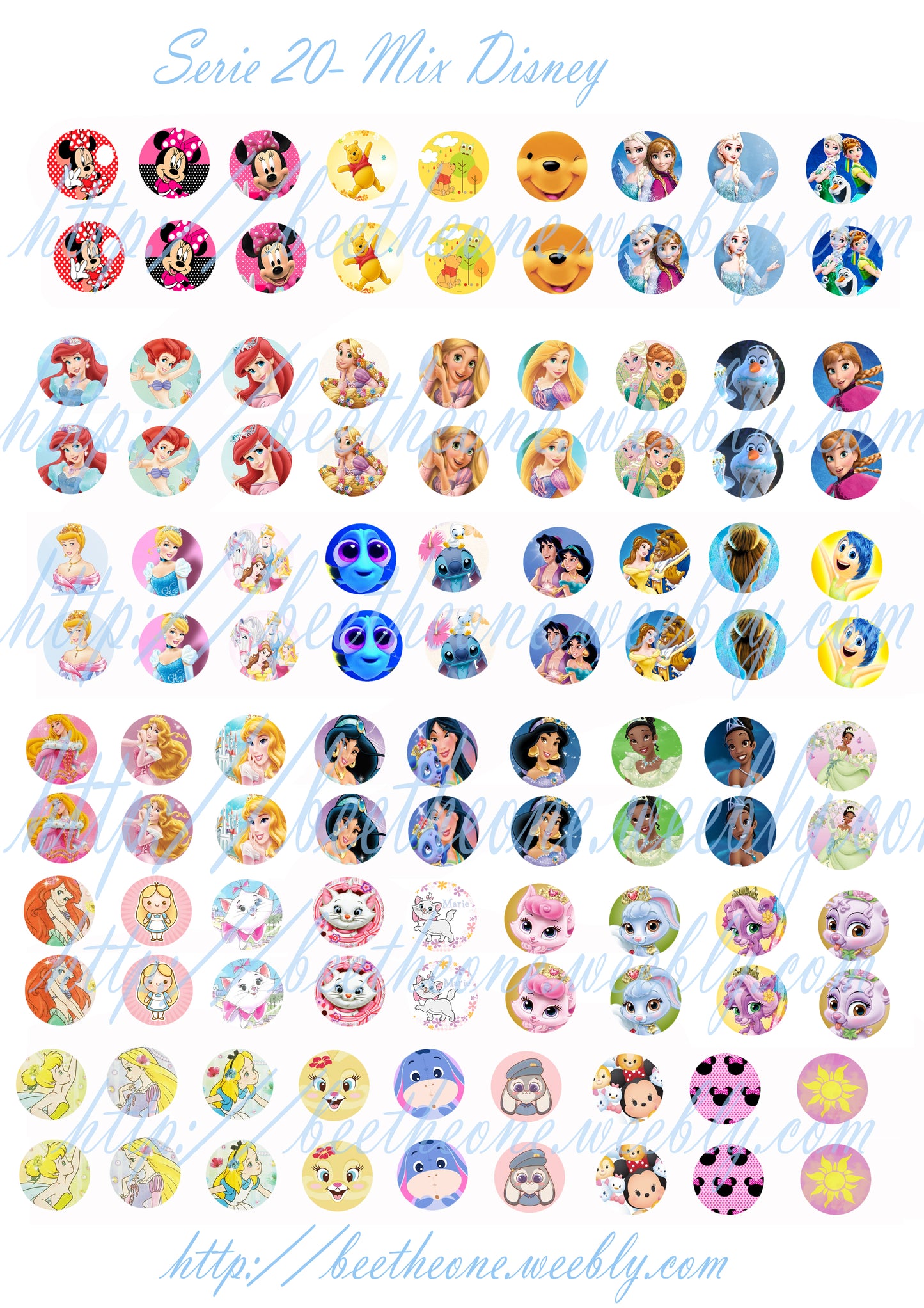 Images digitales pour Cabochons Mix Princesses, Minnie, Dory, Marie... - 108 images x 16 mm - A télécharger et imprimer