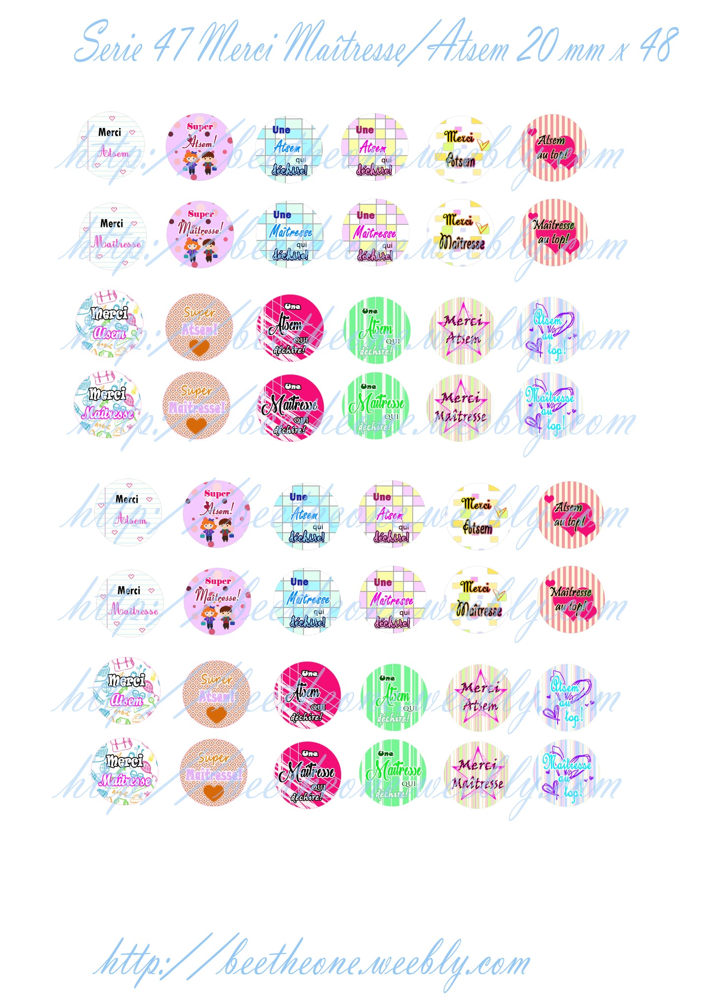 Images digitales pour Cabochons Mix Merci Maîtresse (ou Atsem) - 48 images x 20 mm - A télécharger et imprimer