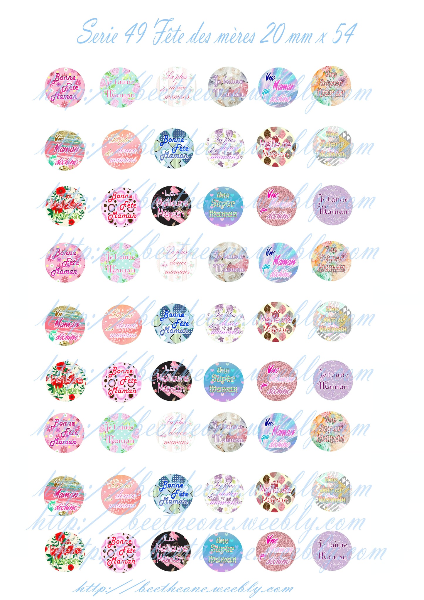 Images digitales pour Cabochons Mix Fête des Mères Phrases - 54 images x 20 mm - A télécharger et imprimer