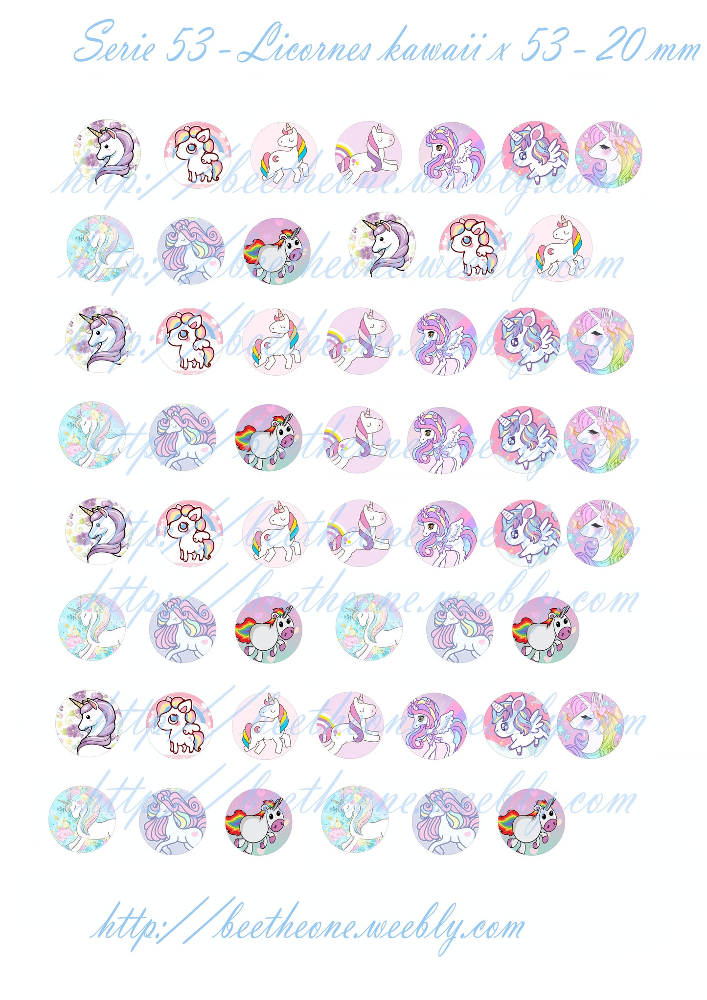 Images digitales pour Cabochons Mix Licornes Kawaii - 53 images x 20 mm - A télécharger et imprimer