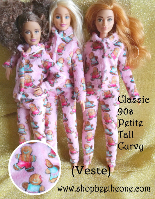 Pyjama de Noël (Veste) "Bonhommes pain d'épice" tout doux, pour poupées Barbie - 4 tailles - tissu exclusif - Collection Noël