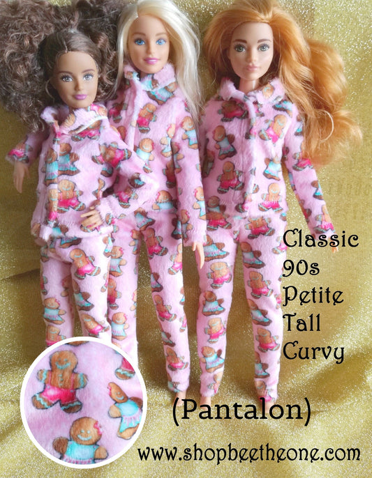Pyjama de Noël (Pantalon) "Bonhommes pain d'épice" tout doux, pour poupées Barbie - 4 tailles - tissu exclusif - Collection Noël
