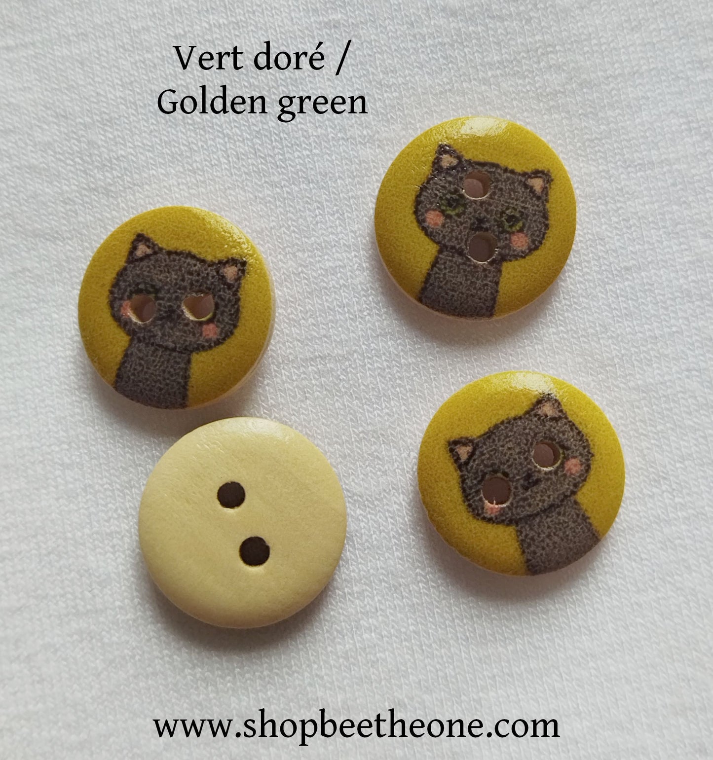 Bouton rond "Petit Chat moucheté" en bois - 15 mm - 9 coloris disponibles