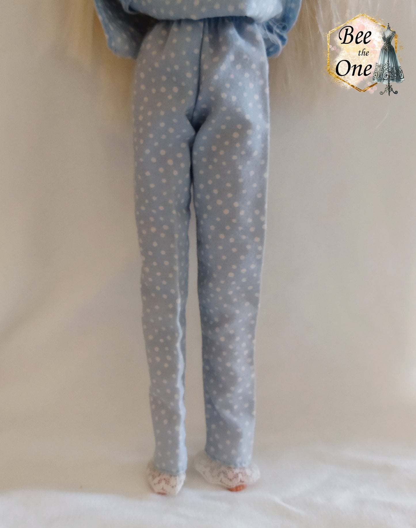 Pantalon de pyjama bleu ciel à pois blancs pour poupée mannequin 30cm, avec volants en dentelle, style vintage, pour Barbie Slumber Party 1994.