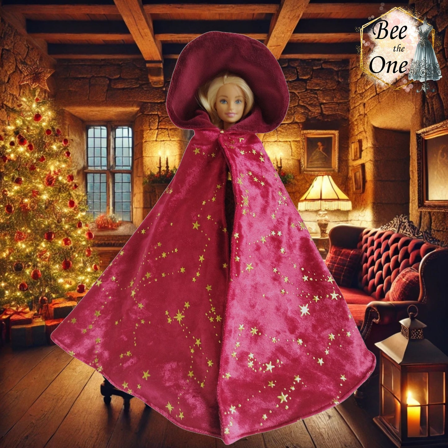 Cape à capuche "Noël au Château" en velours étoilé, pour poupées Barbie - Taille unique - Collection Noël