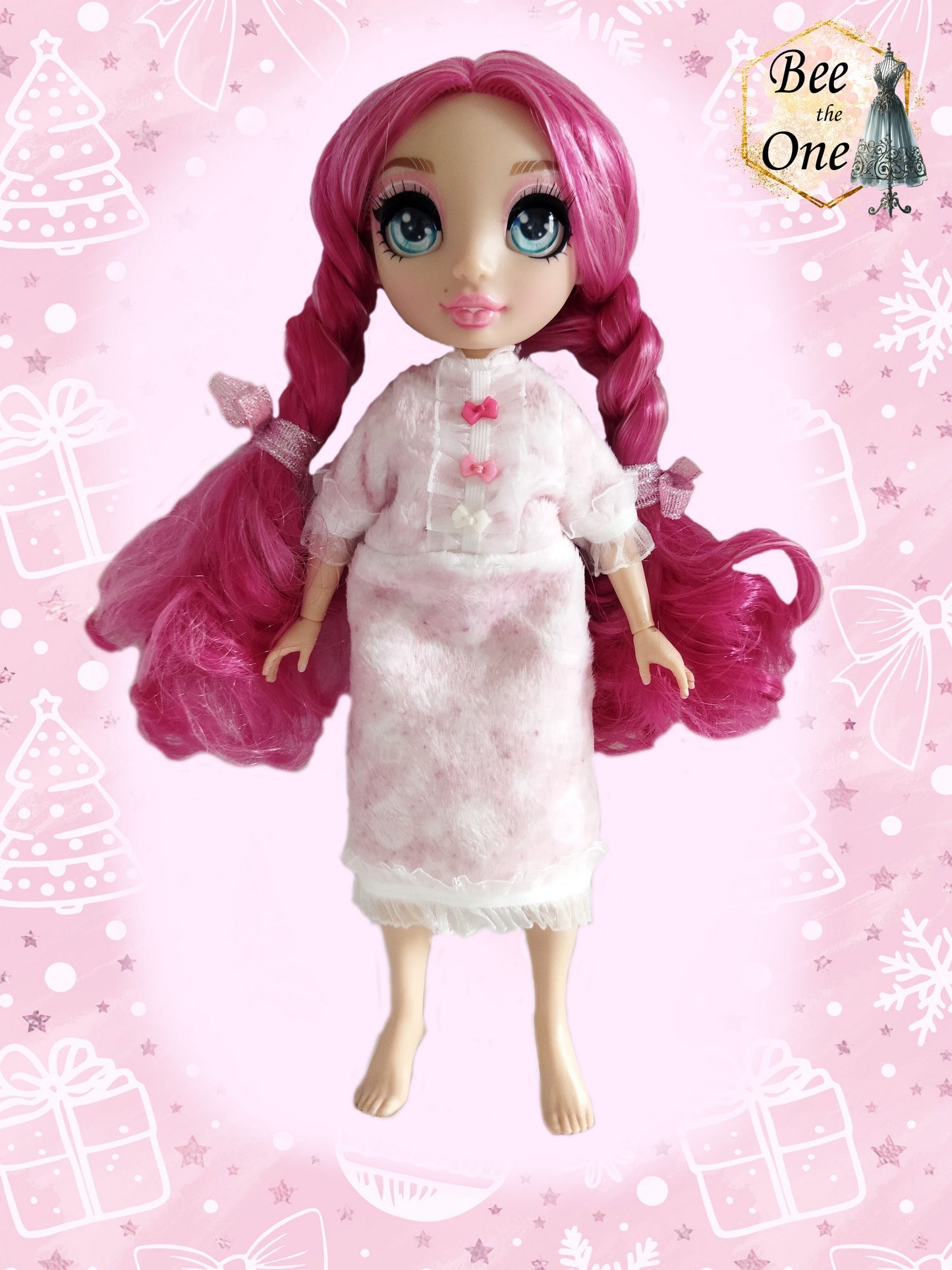 Chemise de nuit minky rose pour poupées Rainbow High - Collection Noël - par Bee the one