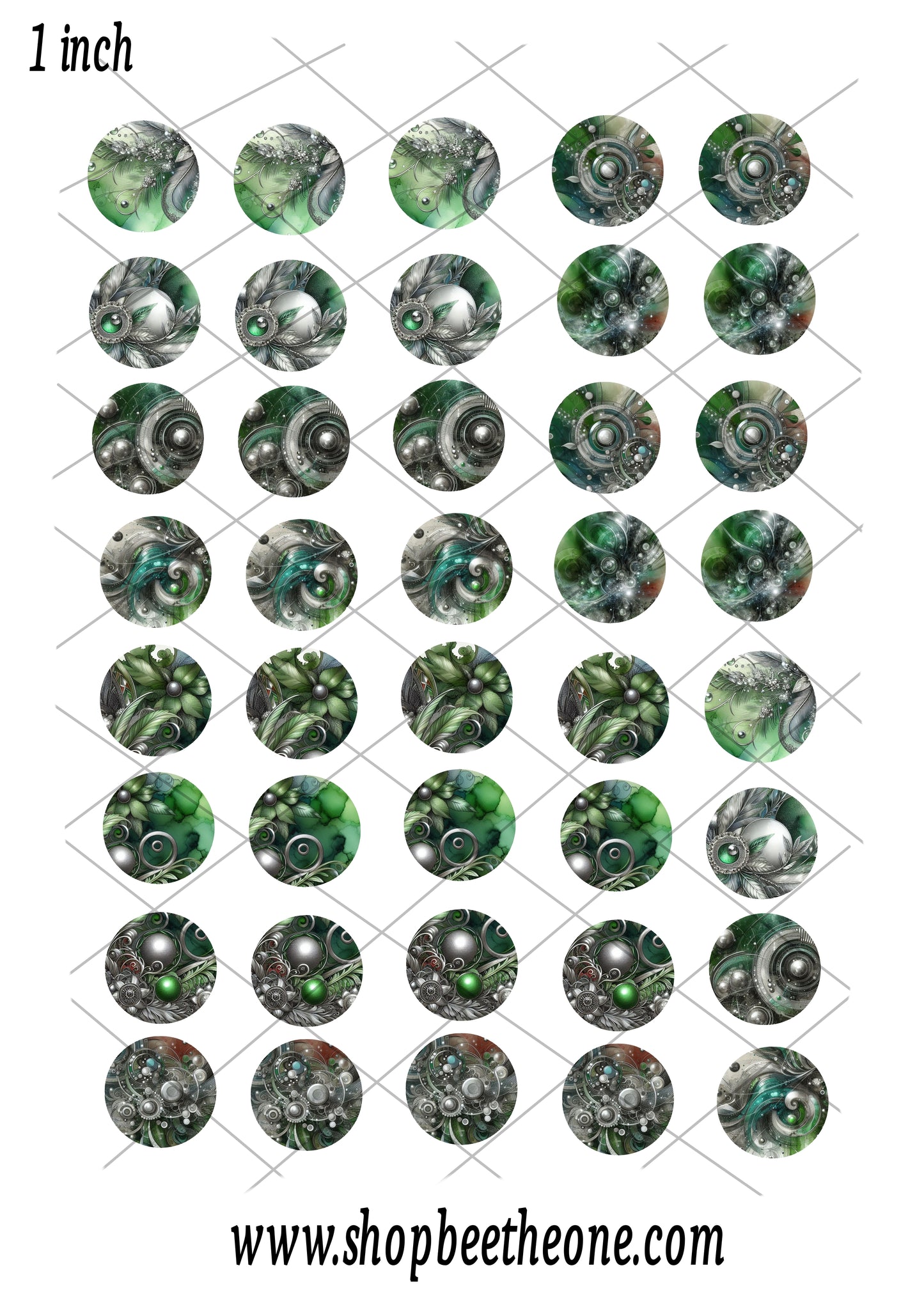 Images digitales pour Cabochons Abstrait Vert/argent Inspiration sci-fi/steampunk - 128 images x 20 mm, 30 mm, 1 inch - A télécharger et imprimer