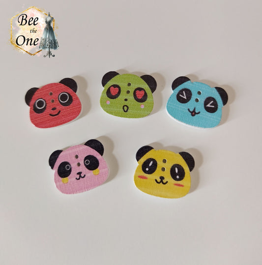 Bouton Tête de panda émoticône colorée en bois - 22 mm - 5 coloris disponibles