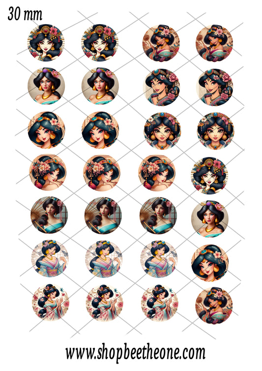 Images digitales pour Cabochons Princesse des mille et une nuits façon geisha - 128 images x 20 mm, 30 mm, 1 inch - A télécharger et imprimer