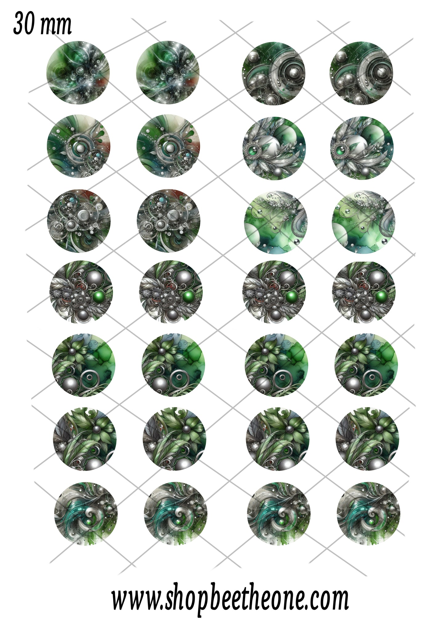 Images digitales pour Cabochons Abstrait Vert/argent Inspiration sci-fi/steampunk - 128 images x 20 mm, 30 mm, 1 inch - A télécharger et imprimer