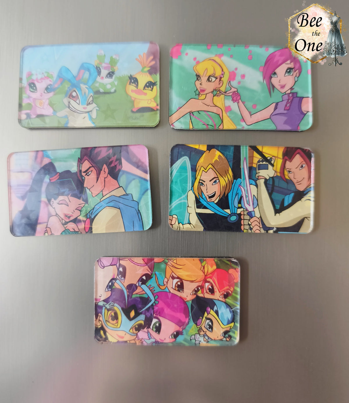 Série de cinq magnets rectangulaires horizontaux transparents illustrant des scènes du dessin animé Winx Club : Kiko et les mini-fées, Stella et Tecna, Musa et Riven, Sky et Brandon, et le groupe des Pixies, disposés sur une porte métallique grise.