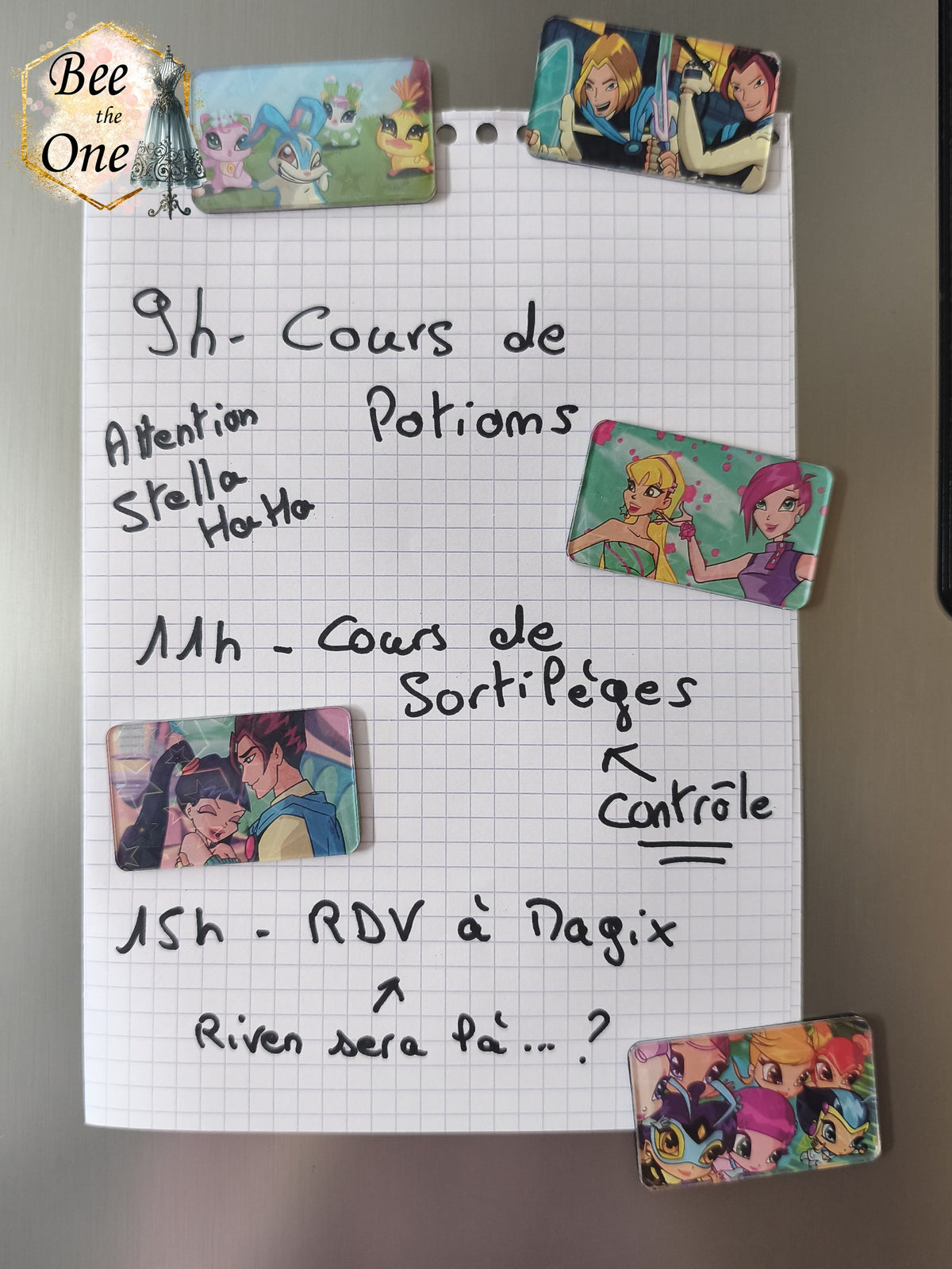 Série de cinq magnets rectangulaires horizontaux transparents illustrant des scènes du dessin animé Winx Club : Kiko et les mini-fées, Stella et Tecna, Musa et Riven, Sky et Brandon, et le groupe des Pixies, disposés sur une porte métallique grise.