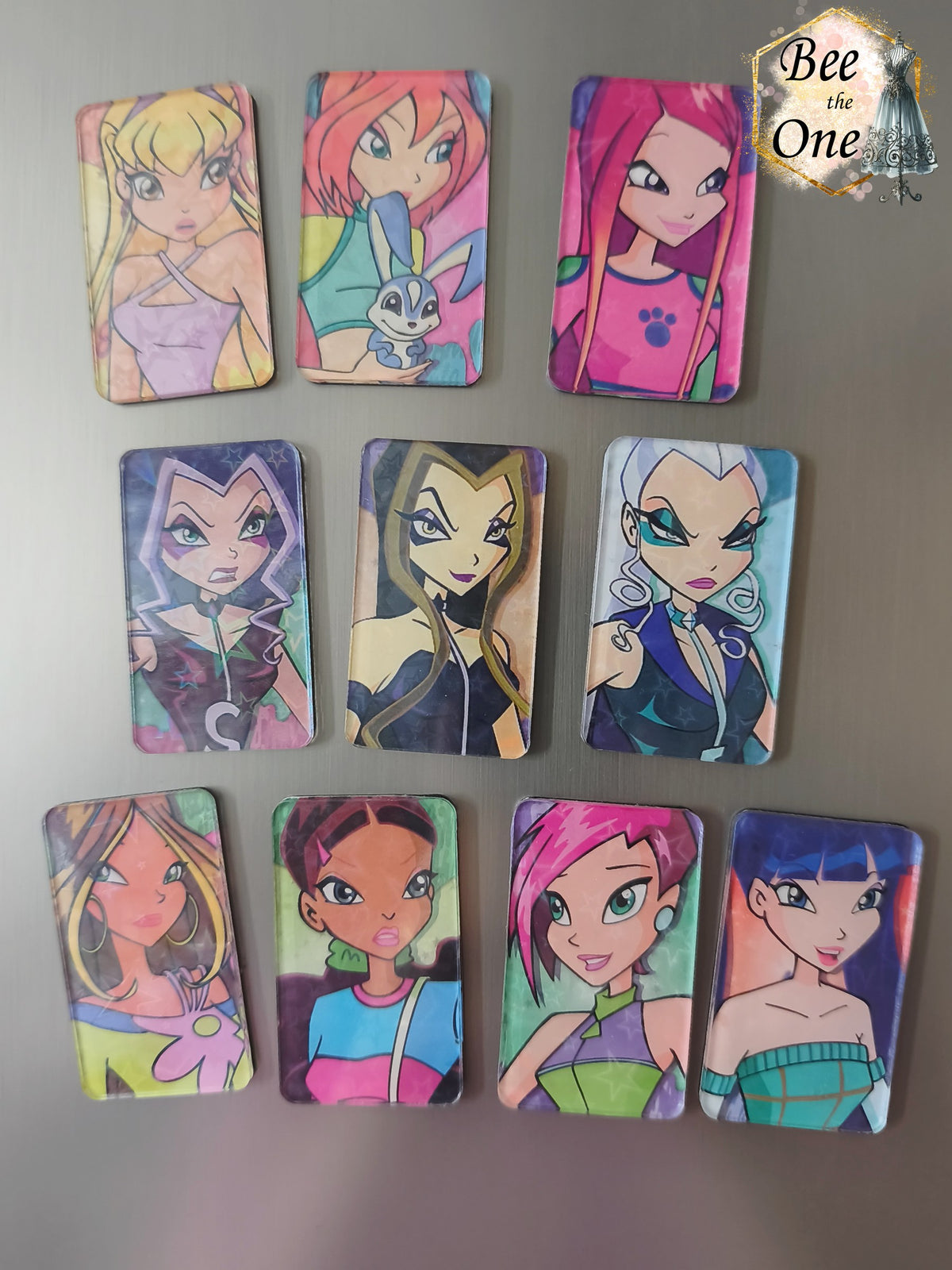 Magnets décoratifs rectangulaires plats mettant en scène les personnages du dessin animé Winx Club et les Trix (Bloom, Stella, Flora, Layla, Musa, Tecna, Roxy, Icy, Darcy, Stormy), disposés sur une surface métallique grise.