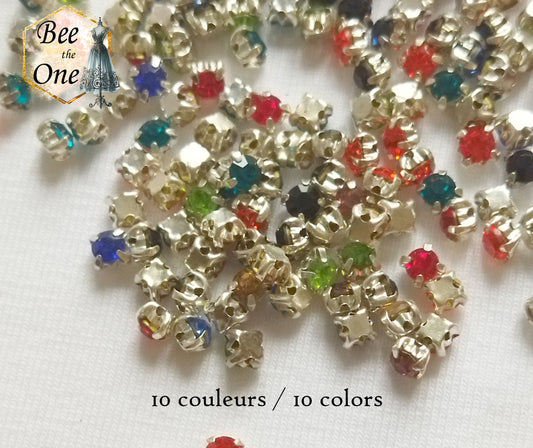 Strass à coudre, ronds à facettes sur base carrée - 3 mm - 10 coloris