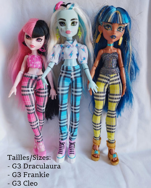 Pantalon collant leggings motif tartan pour poupées Monster High G3 - 3 coloris - 3 tailles - Collection Basics - par Bee the One