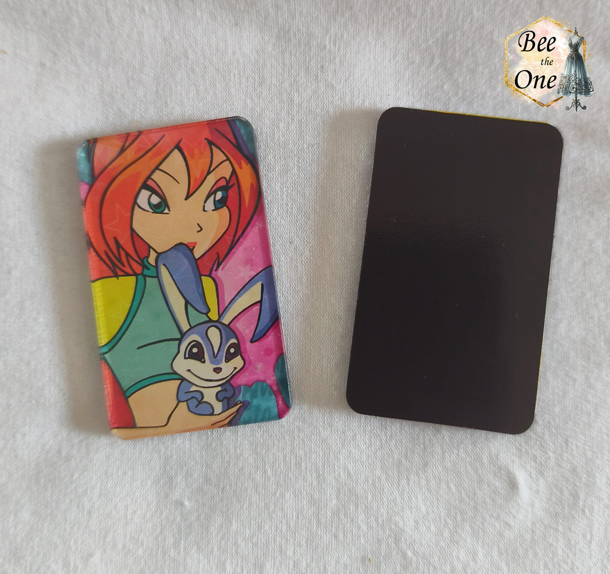 Magnets décoratifs rectangulaires plats mettant en scène les personnages du dessin animé Winx Club et les Trix (Bloom, Stella, Flora, Layla, Musa, Tecna, Roxy, Icy, Darcy, Stormy), disposés sur une surface métallique grise. Gros plan du devant et du dos