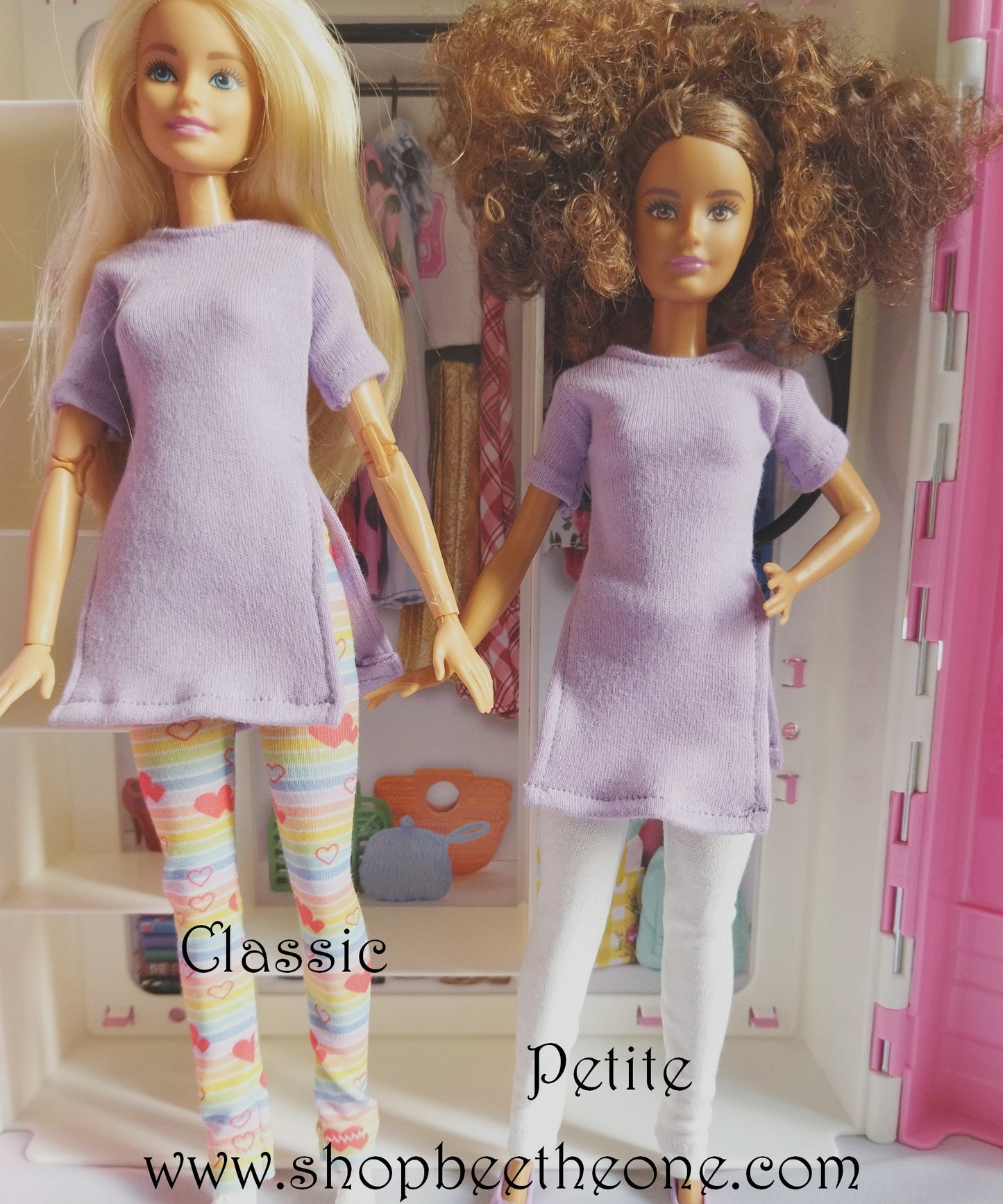 Tunique longue fendue à manches courtes pour poupées Barbie - mauve - 4 tailles - Collection Basics - par Bee the One