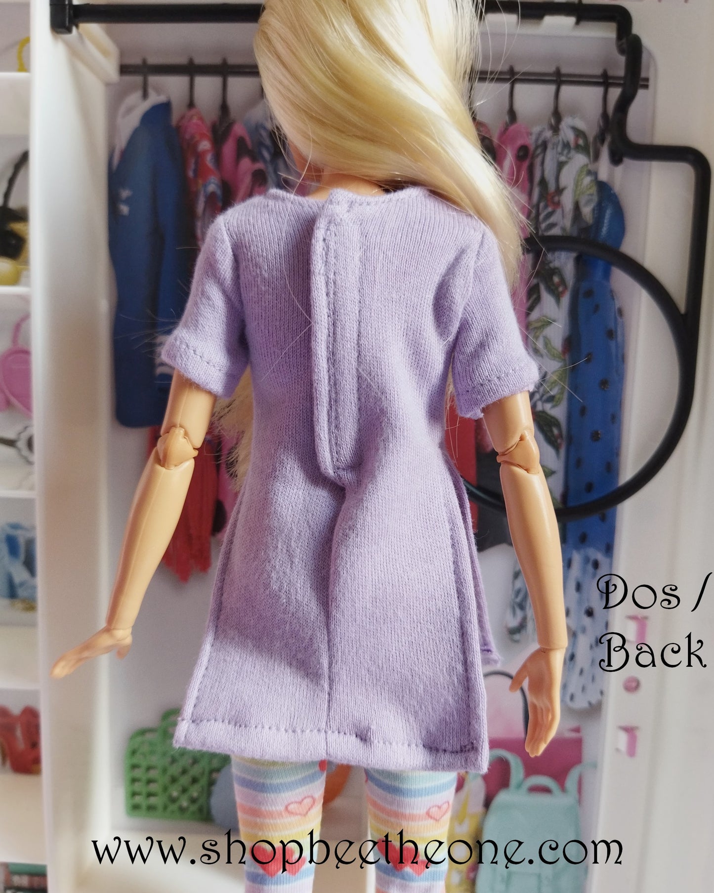 Tunique longue fendue à manches courtes pour poupées Barbie - mauve - 4 tailles - Collection Basics - par Bee the One