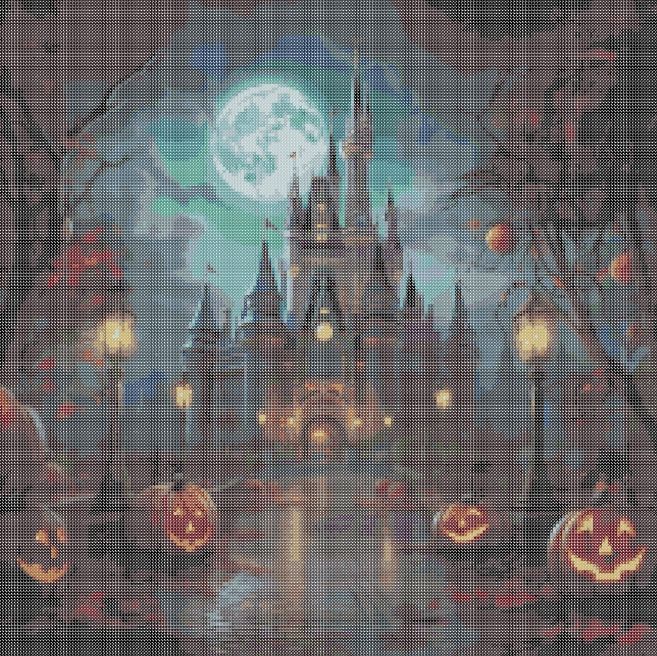 Diagramme grille digitale Broderie au point de croix - "Le Château du parc à Halloween" - Collection "Halloween"