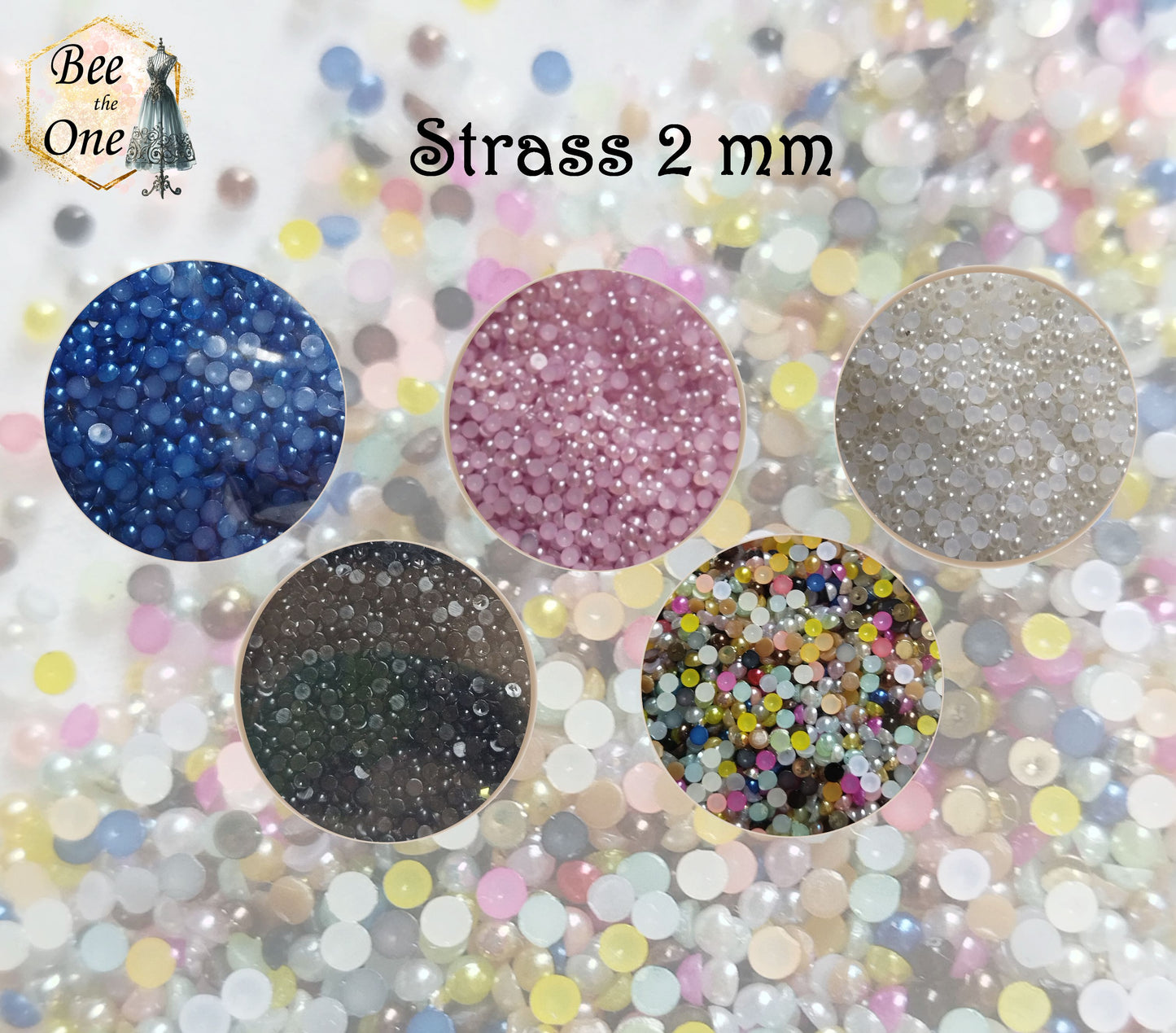 Lot de 1 g  (+/- 400 pièces) Cabochons strass demi-perle rond - 2 mm - 5 coloris