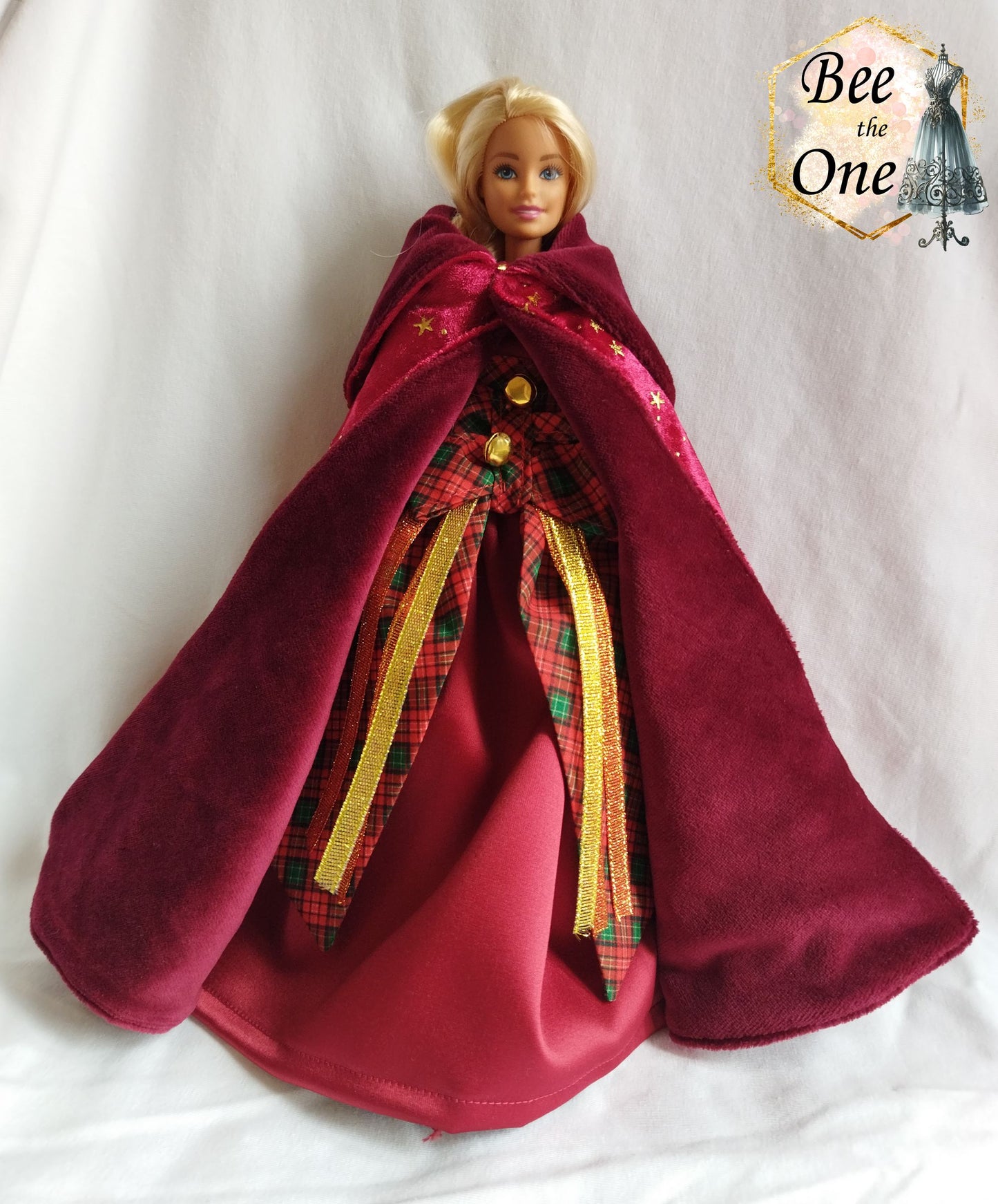 Cape à capuche "Noël au Château" en velours étoilé, pour poupées Barbie - Taille unique - Collection Noël