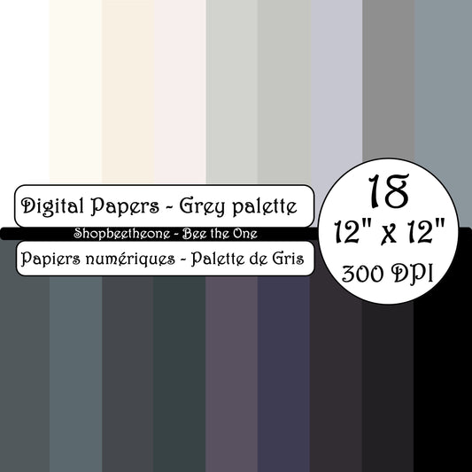 Papiers numériques "Palette de Blanc-Gris-Noir" - 12" x 12" - 300 DPI - Set de 18 images - A télécharger