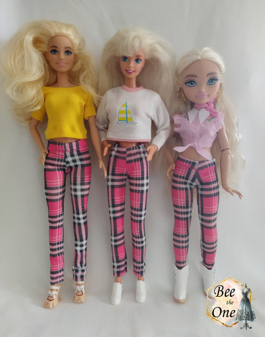 Pantalon collant leggings long motif tartan pour poupées Barbie - 3 tailles - Collection Basics - par Bee the One
