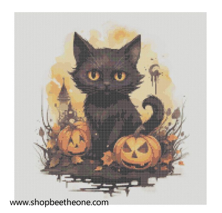 Diagramme grille digitale Broderie au point de croix - "Le Chat noir d'Halloween" - Collection "Halloween"