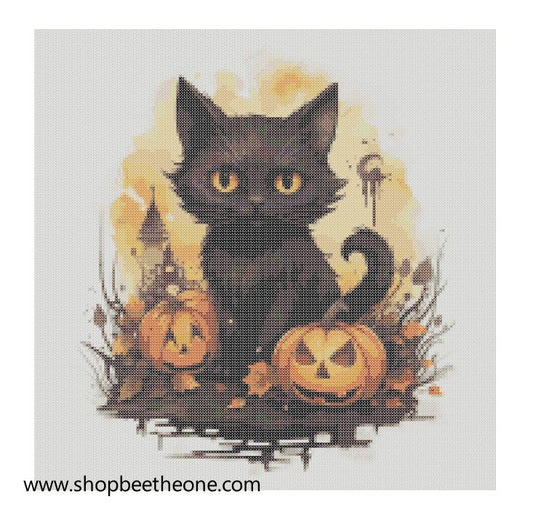 Diagramme grille digitale Broderie au point de croix - "Le Chat noir d'Halloween" - Collection "Halloween"