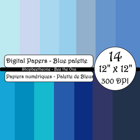 Papiers numériques "Palette de Bleus" - 12" x 12" - 300 DPI - Set de 14 images - A télécharger
