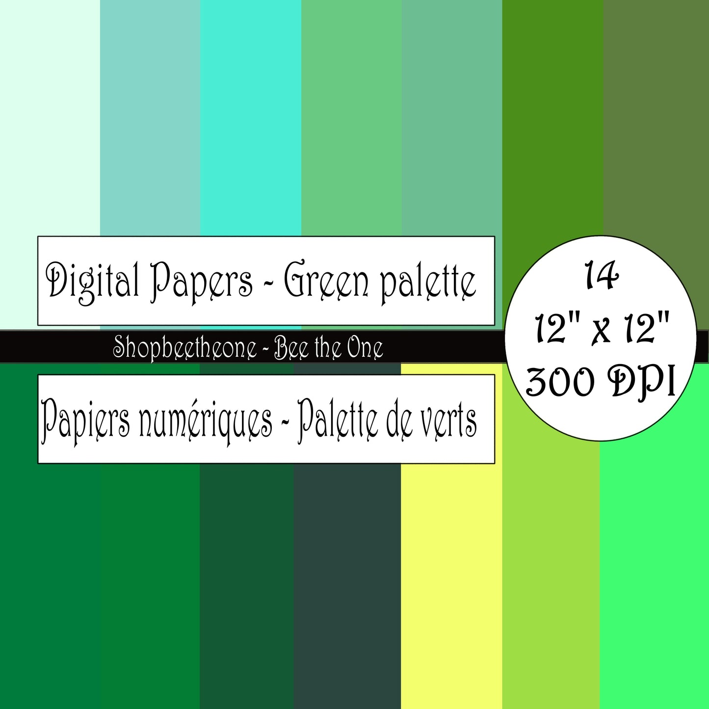 Papiers numériques "Palette de Verts" - 12" x 12" - 300 DPI - Set de 14 images - A télécharger