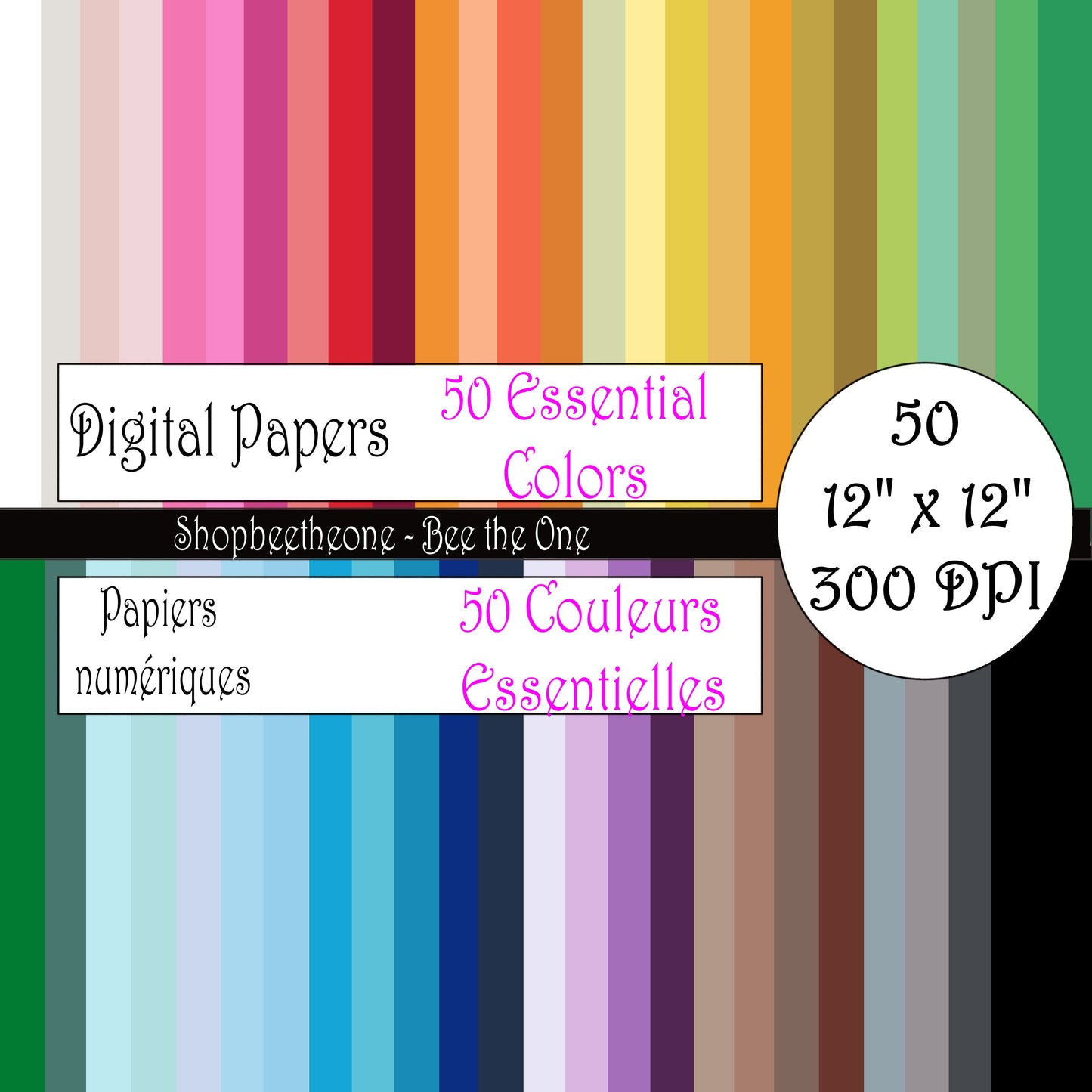 Papiers numériques "50 Couleurs essentielles" - 12" x 12" - 300 DPI - Set de 50 images - A télécharger