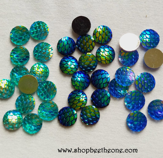 Cabochon strass demi-perle rond Ecaille de sirène/dragon nuancier bicolore brillant - 10 mm - 3 coloris