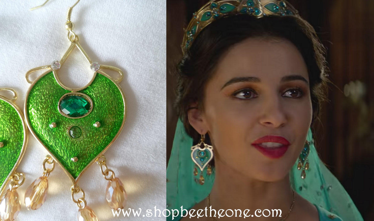 Boucles d'oreilles émeraude et perles, portées par Jasmine dans le film Aladdin